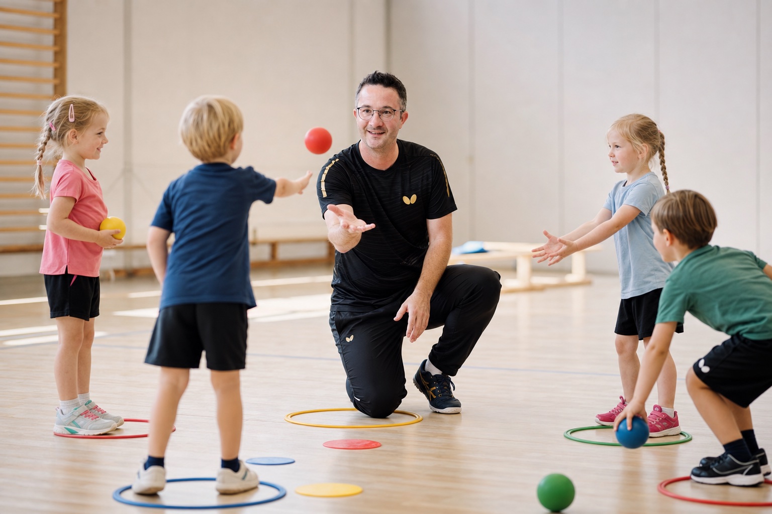 Christian übt spielerisch Werfen und Fangen mit Kindern