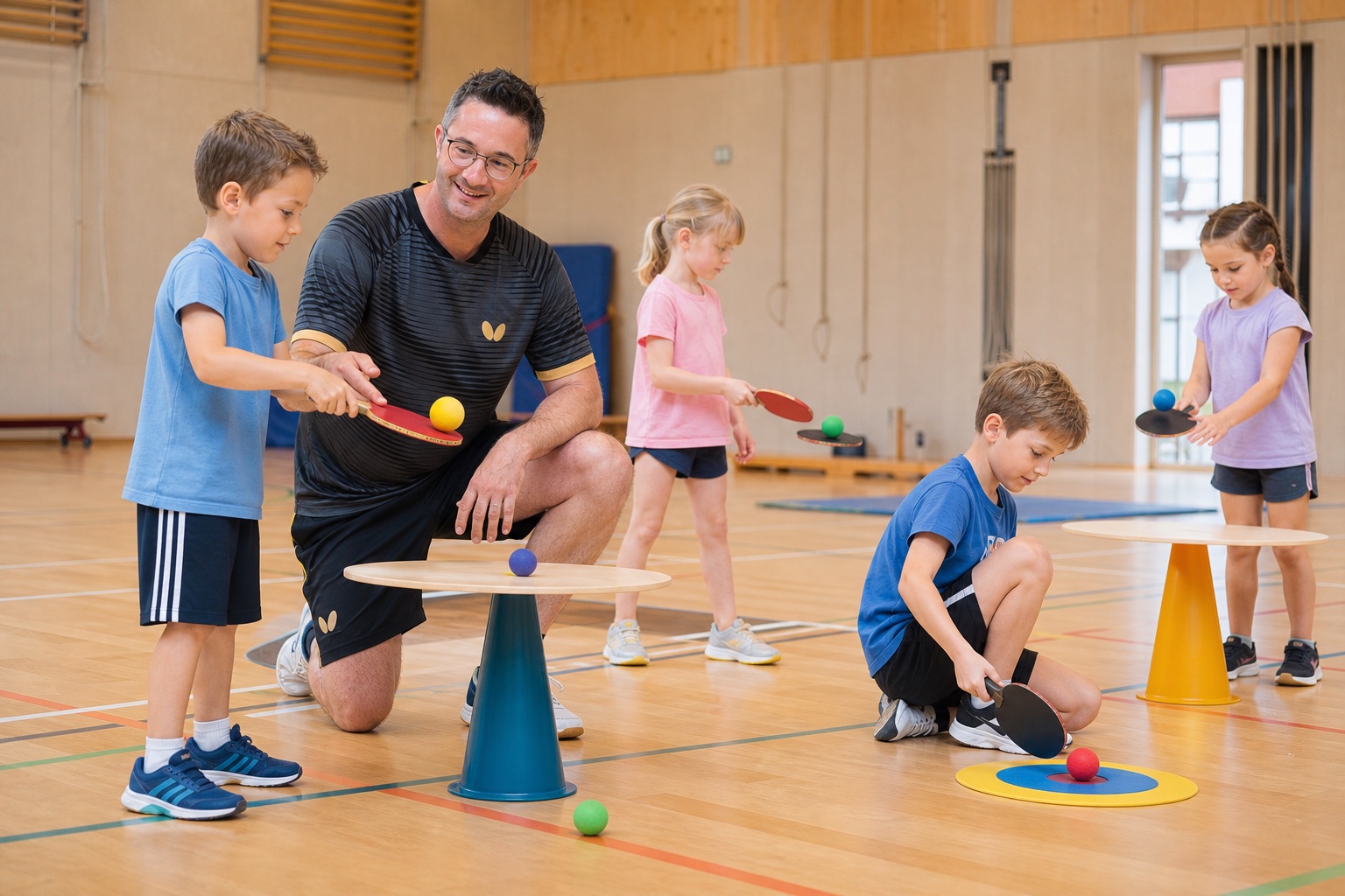 Christian begleitet Kinder bei vielseitigen Schlägerübungen